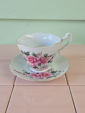 Floral Pink Rose Tea Cup and Saucer with Gold Trim #8